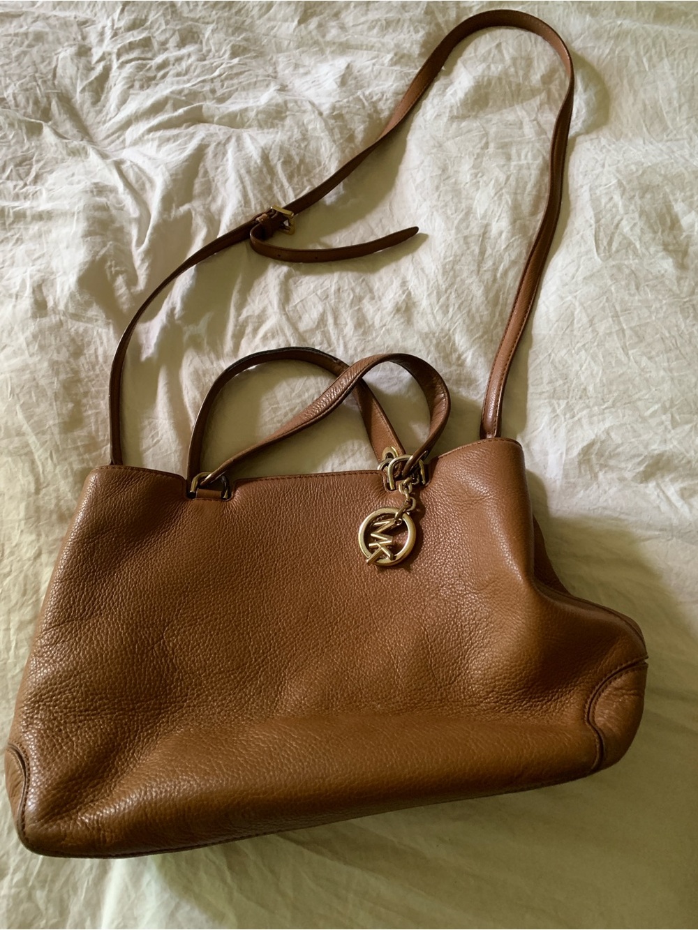 Michael Kors Tan Pebbled Leather Shoulder Tote with MK Charm